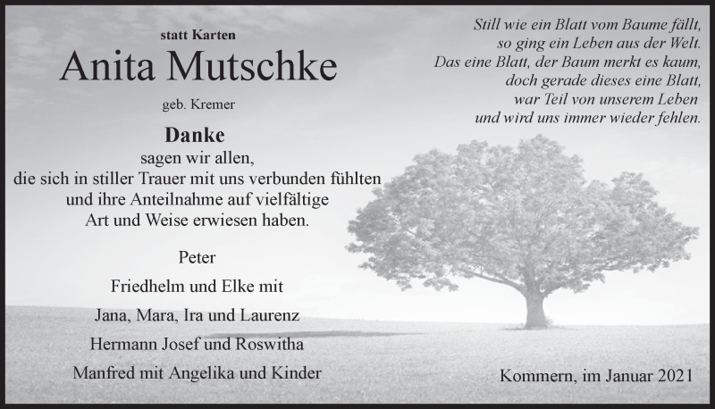  Traueranzeige für Anita Mutschke vom 23.01.2021 aus  Blickpunkt Euskirchen 