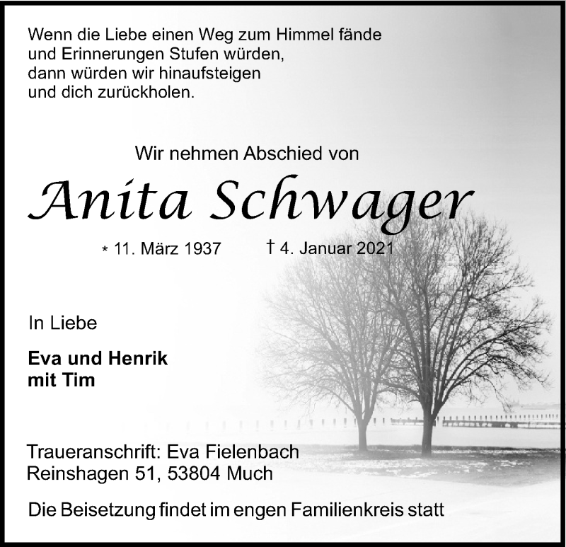  Traueranzeige für Anita Schwager vom 16.01.2021 aus Kölner Stadt-Anzeiger / Kölnische Rundschau / Express