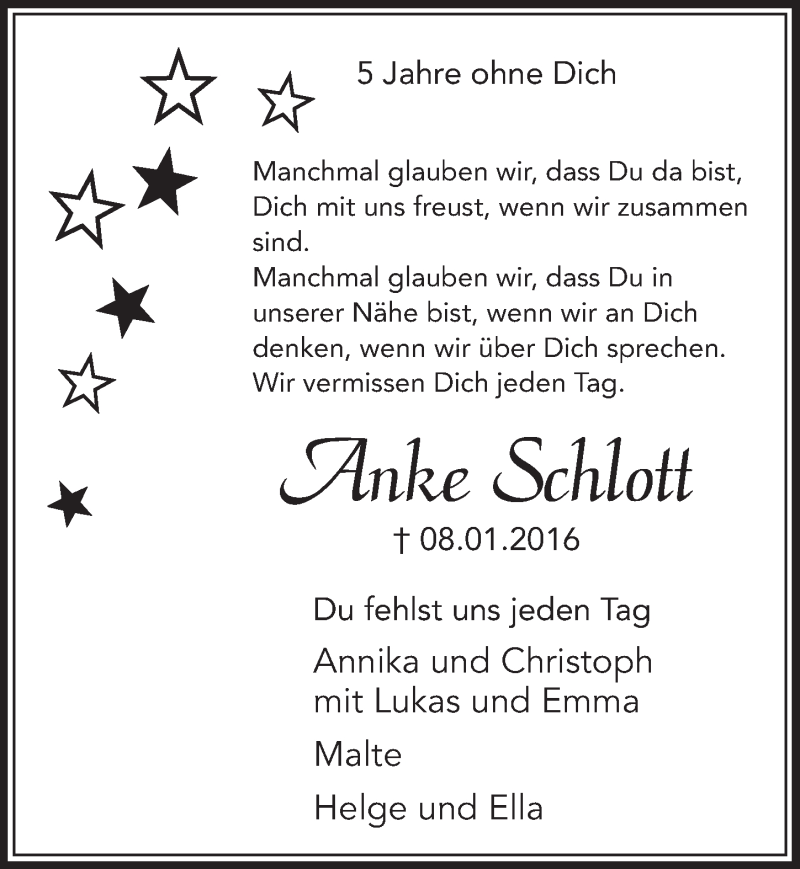  Traueranzeige für Anke Schlott vom 08.01.2021 aus  Schlossbote/Werbekurier 