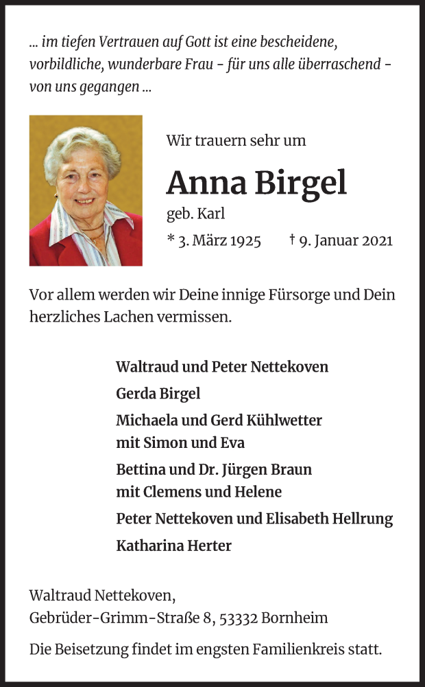  Traueranzeige für Anna Birgel vom 13.01.2021 aus Kölner Stadt-Anzeiger / Kölnische Rundschau / Express