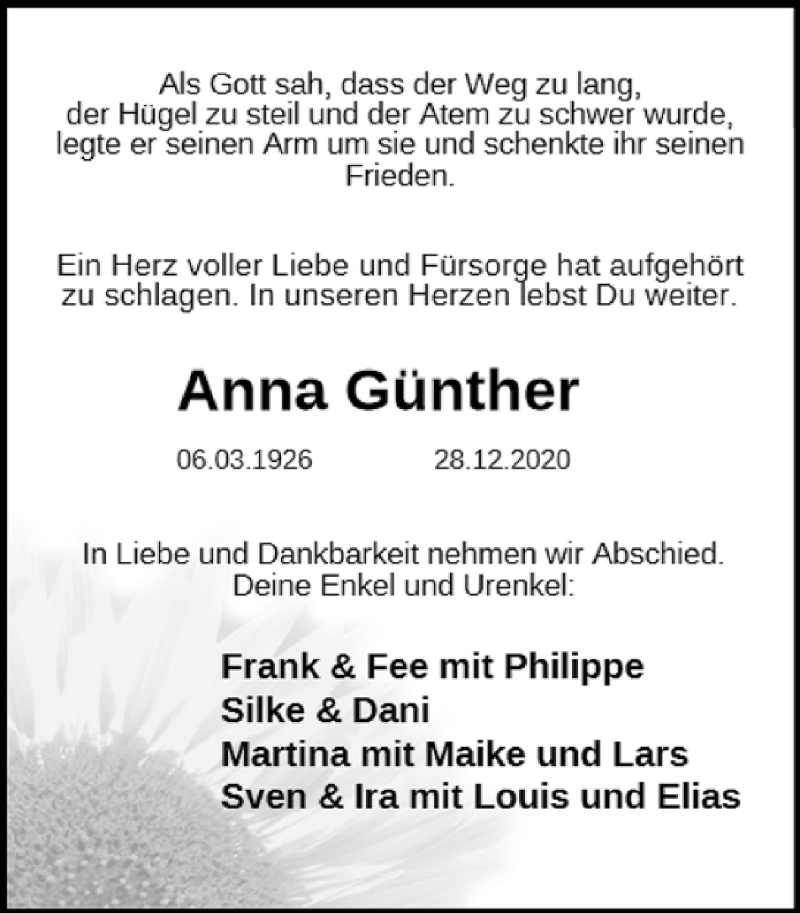  Traueranzeige für Anna Günther vom 09.01.2021 aus  Blickpunkt Euskirchen 