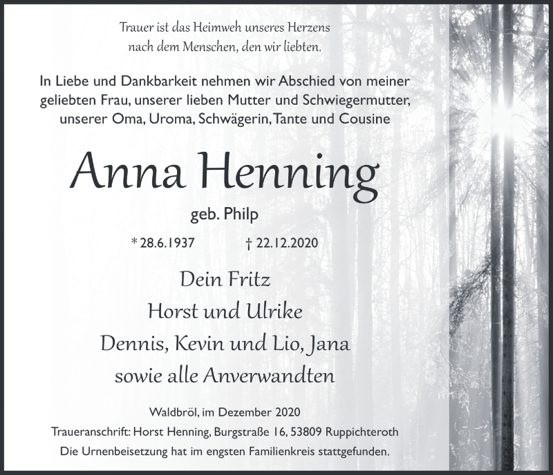  Traueranzeige für Anna Henning vom 08.01.2021 aus  Lokalanzeiger 