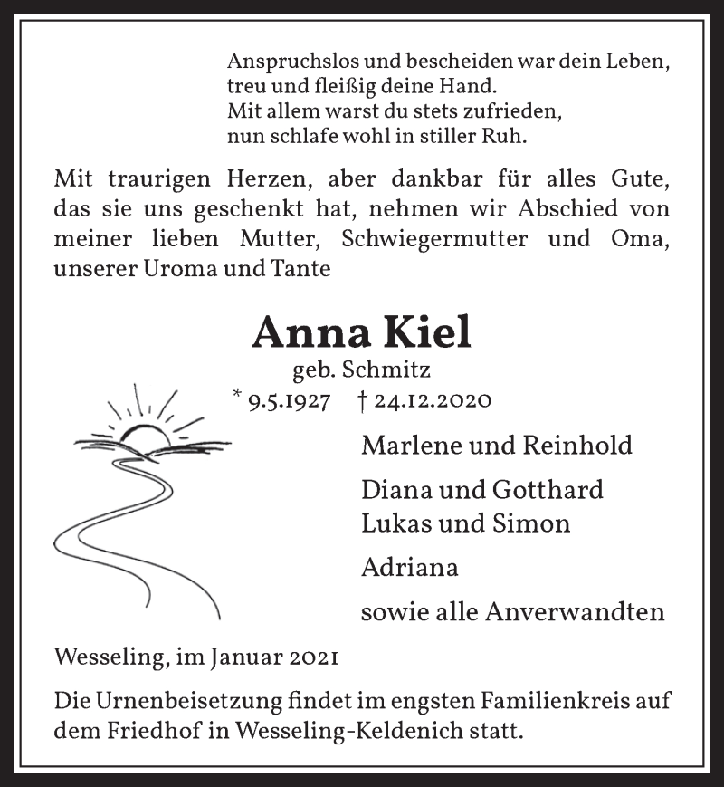  Traueranzeige für Anna Kiel vom 02.01.2021 aus  Schlossbote/Werbekurier 