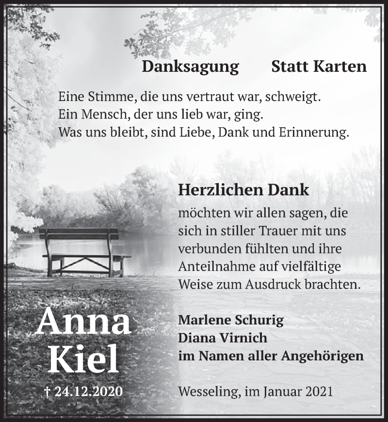  Traueranzeige für Anna Kiel vom 22.01.2021 aus  Schlossbote/Werbekurier 