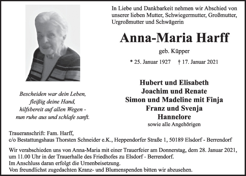 Traueranzeige für Anna-Maria Harff vom 22.01.2021 aus  Werbepost 