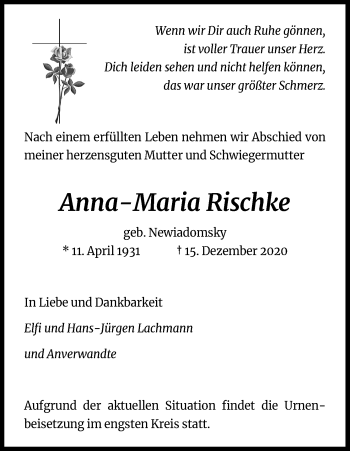 Anzeige von Anna-Maria Rischke von Kölner Stadt-Anzeiger / Kölnische Rundschau / Express