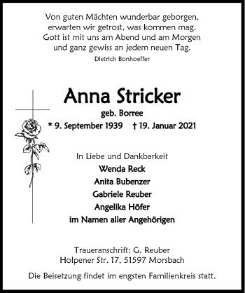 Anzeige von Anna Stricker von  Lokalanzeiger 