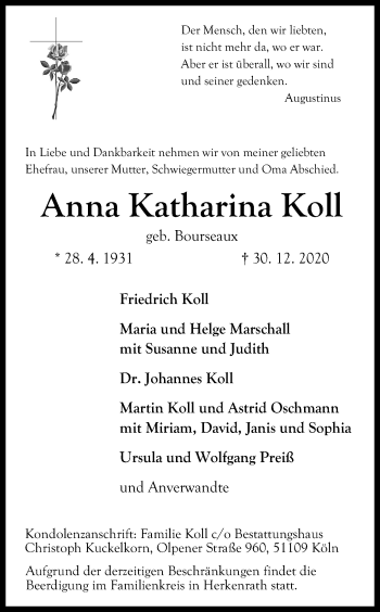 Anzeige von Anna Katharina Koll von Kölner Stadt-Anzeiger / Kölnische Rundschau / Express