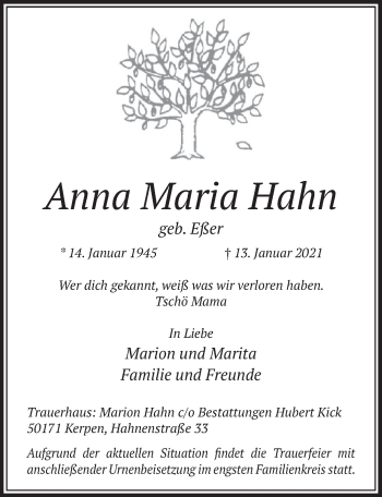Anzeige von Anna Maria Hahn von  Werbepost 