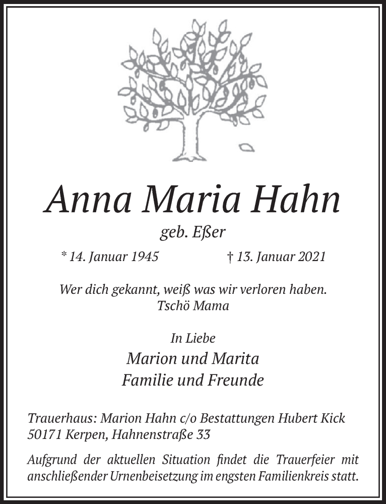  Traueranzeige für Anna Maria Hahn vom 22.01.2021 aus  Werbepost 