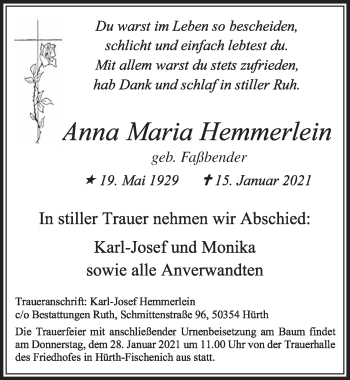 Anzeige von Anna Maria Hemmerlein von  Wochenende 