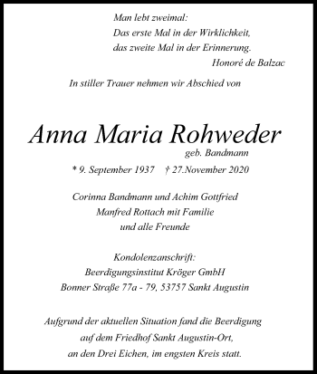 Anzeige von Anna Maria Rohweder von Kölner Stadt-Anzeiger / Kölnische Rundschau / Express