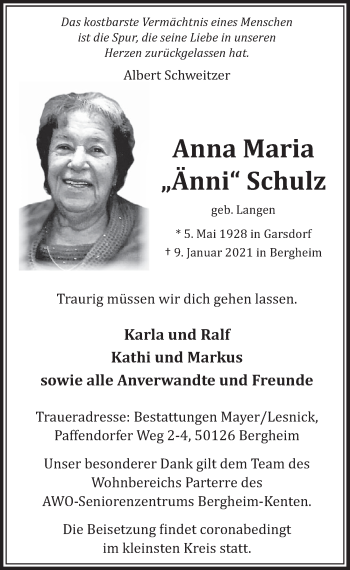 Anzeige von Anna Maria Schulz von  Werbepost 