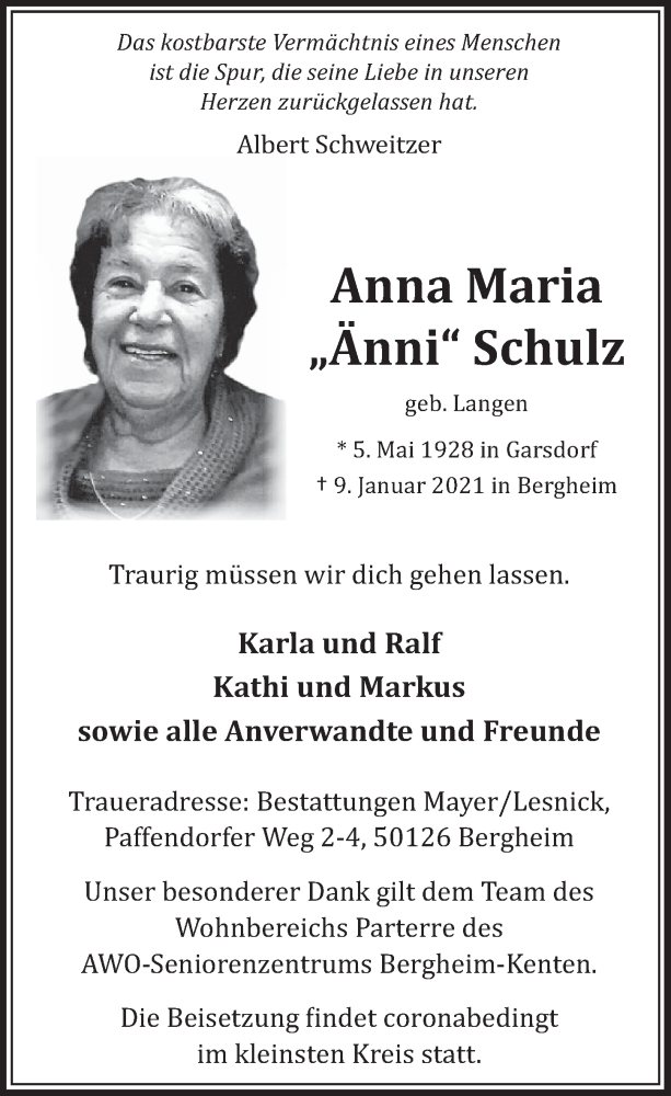  Traueranzeige für Anna Maria Schulz vom 15.01.2021 aus  Werbepost 