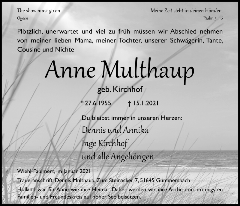  Traueranzeige für Anne Multhaup vom 29.01.2021 aus  Anzeigen Echo  Lokalanzeiger 
