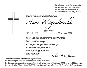 Anzeige von Anne Wagenknecht von Kölner Stadt-Anzeiger / Kölnische Rundschau / Express