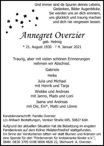 Anzeige von Annegret Overzier von Kölner Stadt-Anzeiger / Kölnische Rundschau / Express