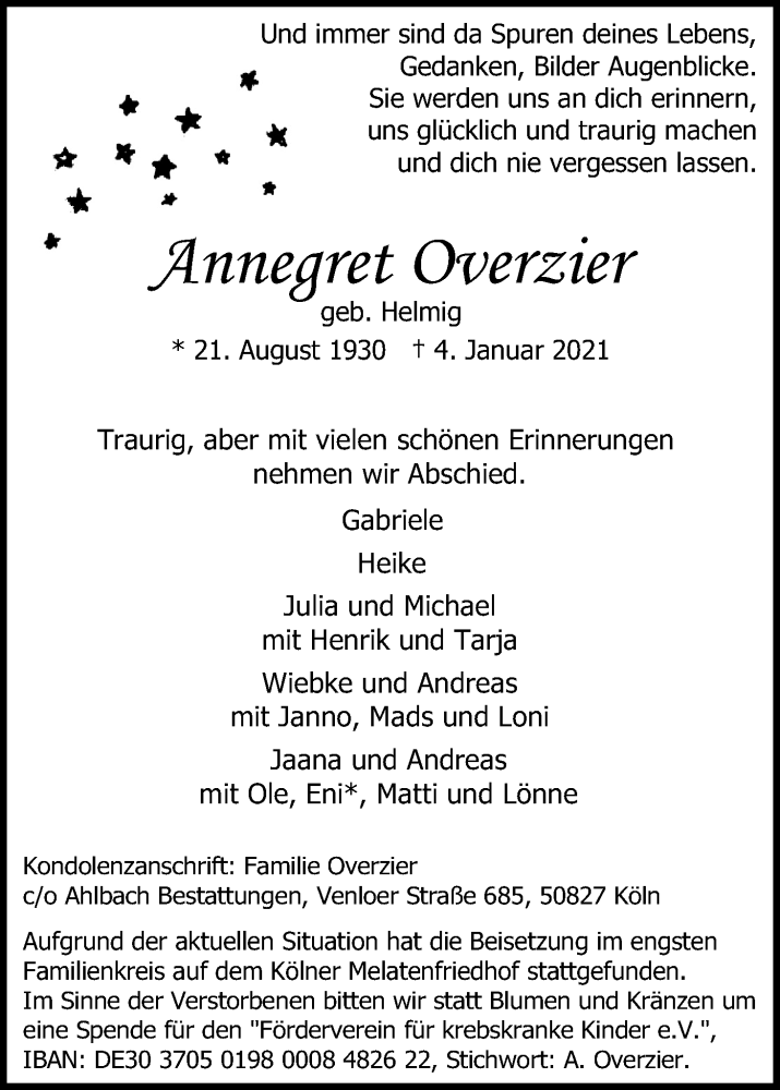  Traueranzeige für Annegret Overzier vom 16.01.2021 aus Kölner Stadt-Anzeiger / Kölnische Rundschau / Express