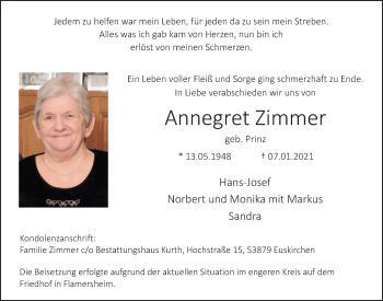 Anzeige von Annegret Zimmer von  Blickpunkt Euskirchen 
