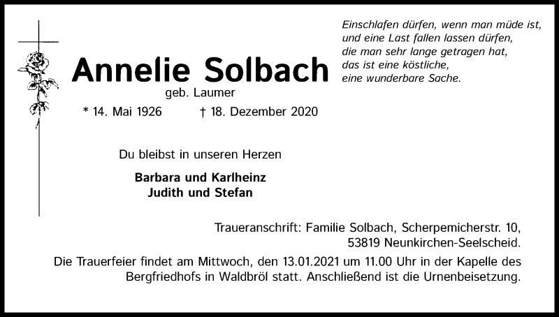  Traueranzeige für Annelie Solbach vom 09.01.2021 aus Kölner Stadt-Anzeiger / Kölnische Rundschau / Express