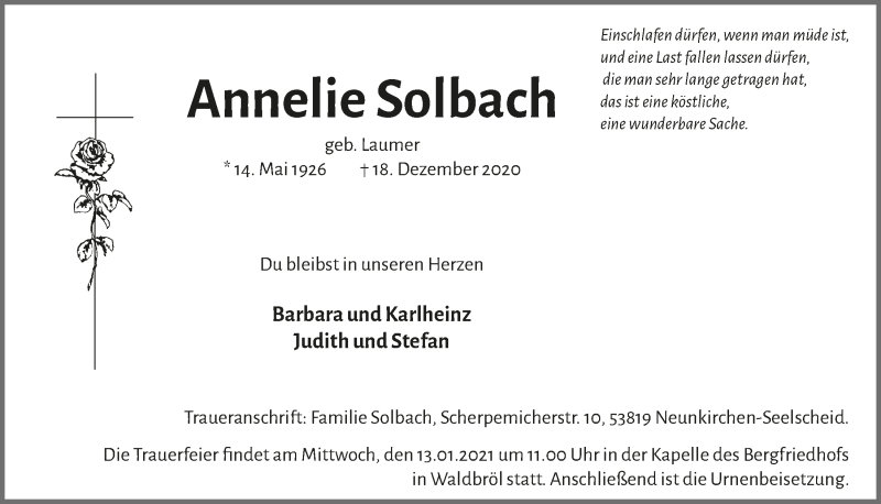  Traueranzeige für Annelie Solbach vom 02.01.2021 aus  Lokalanzeiger 