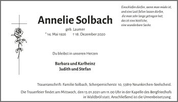 Anzeige von Annelie Solbach von  Lokalanzeiger 