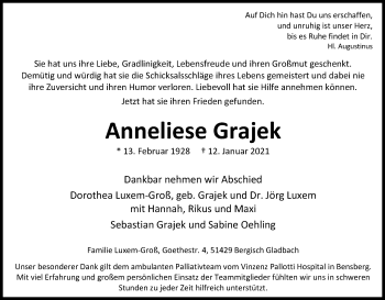 Anzeige von Anneliese Grajek von Kölner Stadt-Anzeiger / Kölnische Rundschau / Express