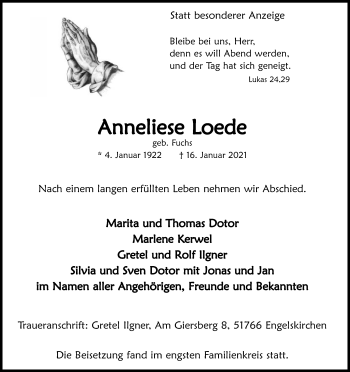 Anzeige von Anneliese Loede von Kölner Stadt-Anzeiger / Kölnische Rundschau / Express