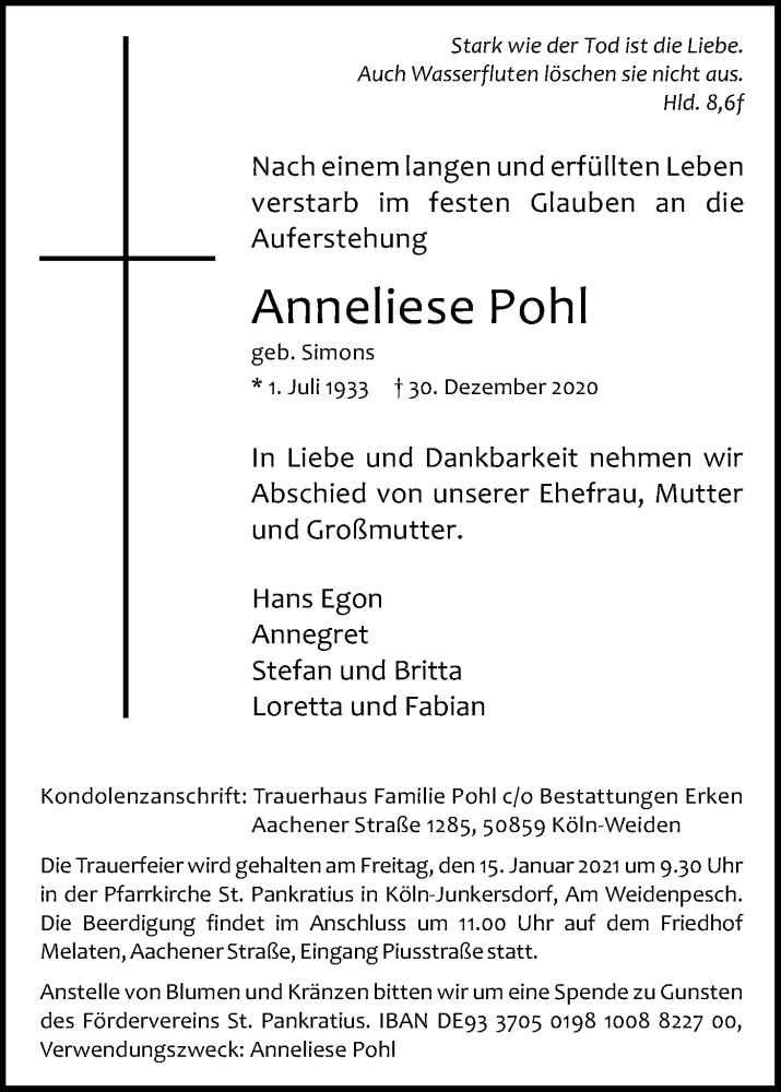  Traueranzeige für Anneliese Pohl vom 09.01.2021 aus Kölner Stadt-Anzeiger / Kölnische Rundschau / Express