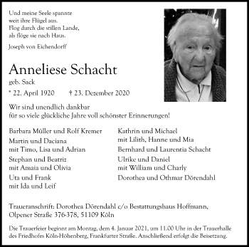 Anzeige von Anneliese Schacht von Kölner Stadt-Anzeiger / Kölnische Rundschau / Express