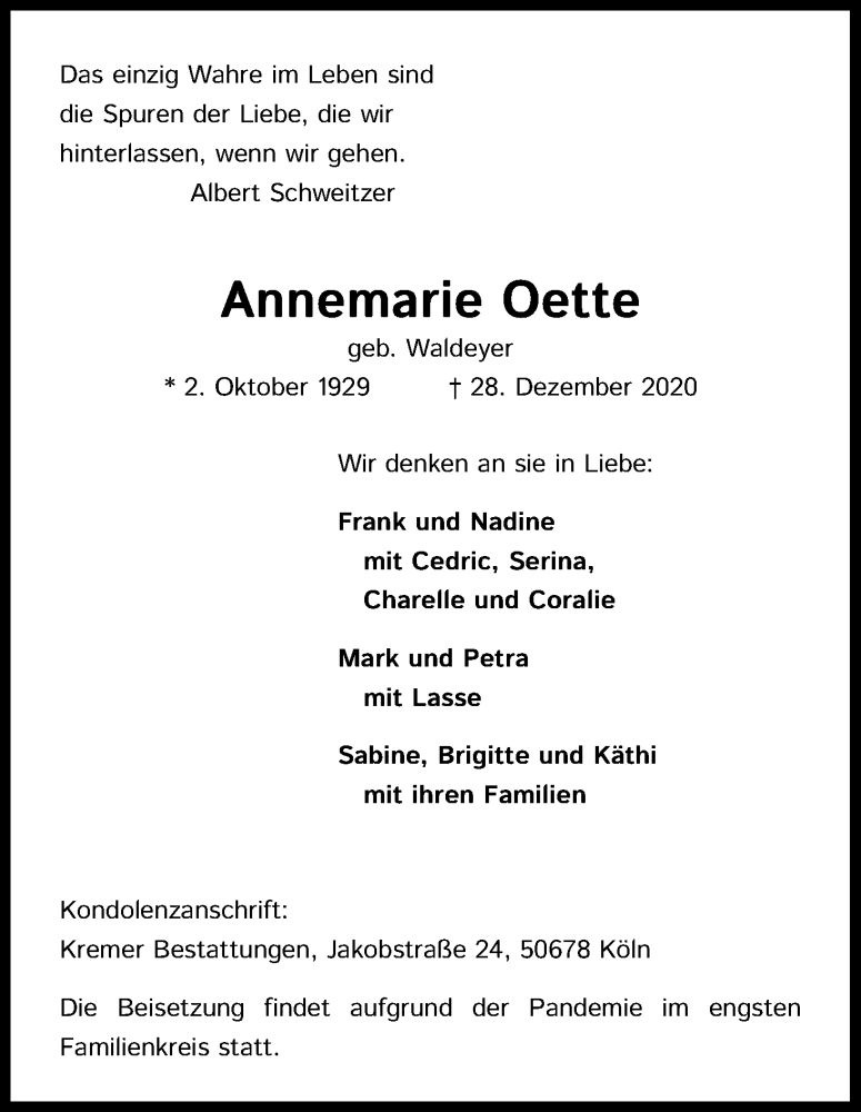 Traueranzeige für Annemarie Oette vom 09.01.2021 aus Kölner Stadt-Anzeiger / Kölnische Rundschau / Express