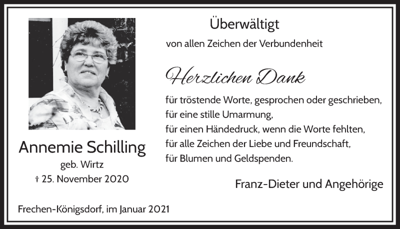  Traueranzeige für Annemie Schilling vom 15.01.2021 aus  Wochenende 