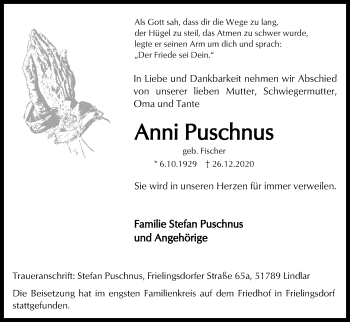 Anzeige von Anni Puschnus von Kölner Stadt-Anzeiger / Kölnische Rundschau / Express