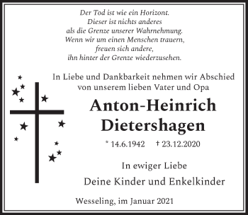 Anzeige von Anton-Heinrich Dietershagen von  Schlossbote/Werbekurier 