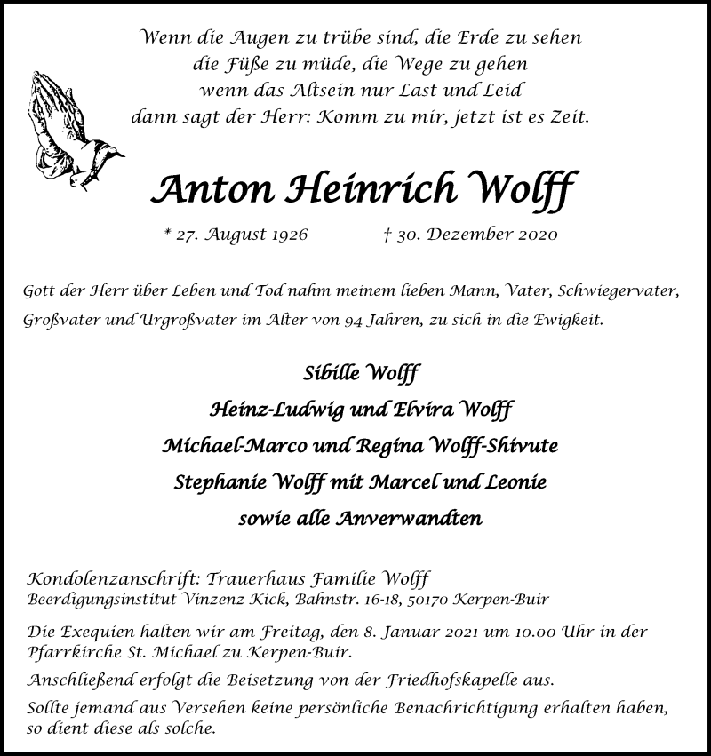  Traueranzeige für Anton Heinrich Wolff vom 05.01.2021 aus Kölner Stadt-Anzeiger / Kölnische Rundschau / Express