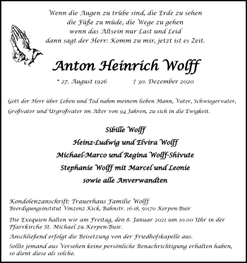 Anzeige von Anton Heinrich Wolff von Kölner Stadt-Anzeiger / Kölnische Rundschau / Express