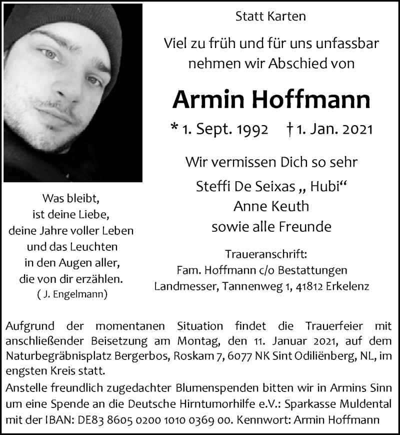  Traueranzeige für Armin Hoffmann vom 08.01.2021 aus  Werbepost 