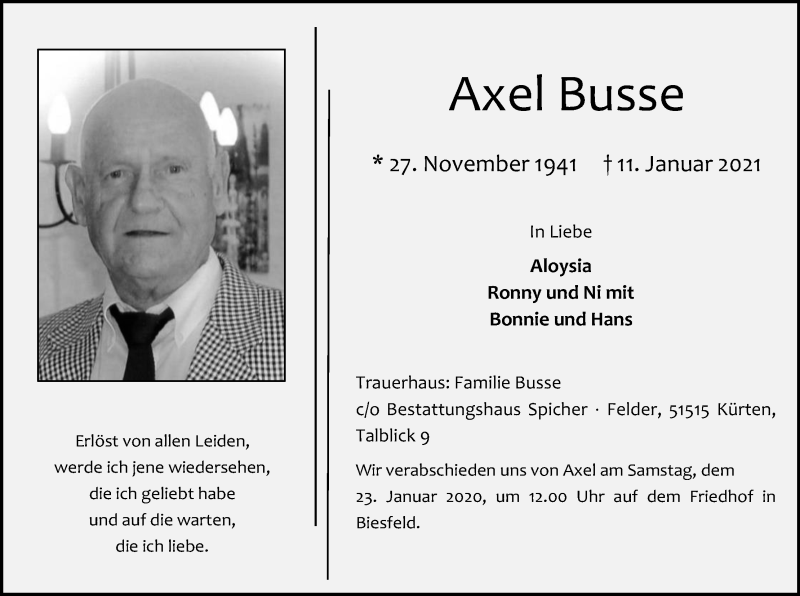  Traueranzeige für Axel Busse vom 16.01.2021 aus Kölner Stadt-Anzeiger / Kölnische Rundschau / Express