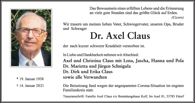  Traueranzeige für Axel Claus vom 23.01.2021 aus Kölner Stadt-Anzeiger / Kölnische Rundschau / Express