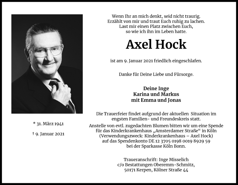  Traueranzeige für Axel Hock vom 30.01.2021 aus Kölner Stadt-Anzeiger / Kölnische Rundschau / Express