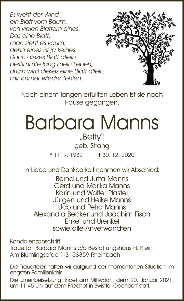  Traueranzeige für Barbara Manns vom 08.01.2021 aus  Schaufenster/Blickpunkt 