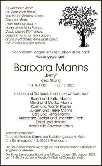 Anzeige von Barbara Manns von  Schaufenster/Blickpunkt 