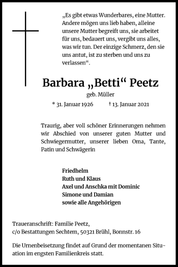 Anzeige von Barbara Peetz von Kölner Stadt-Anzeiger / Kölnische Rundschau / Express