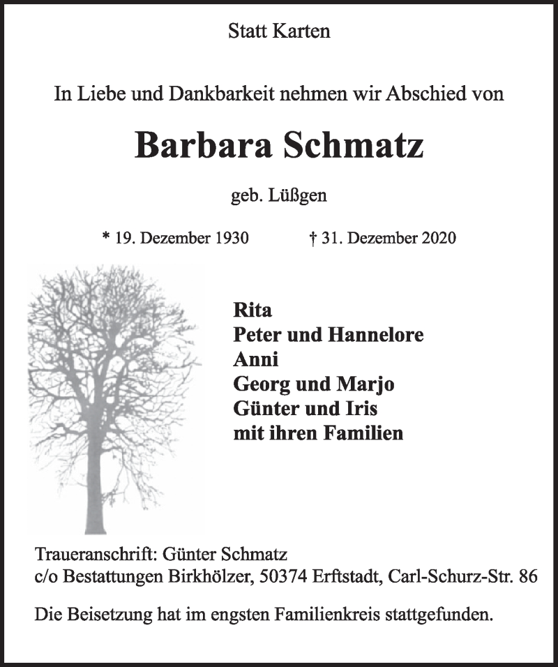  Traueranzeige für Barbara Schmatz vom 15.01.2021 aus  Werbepost 