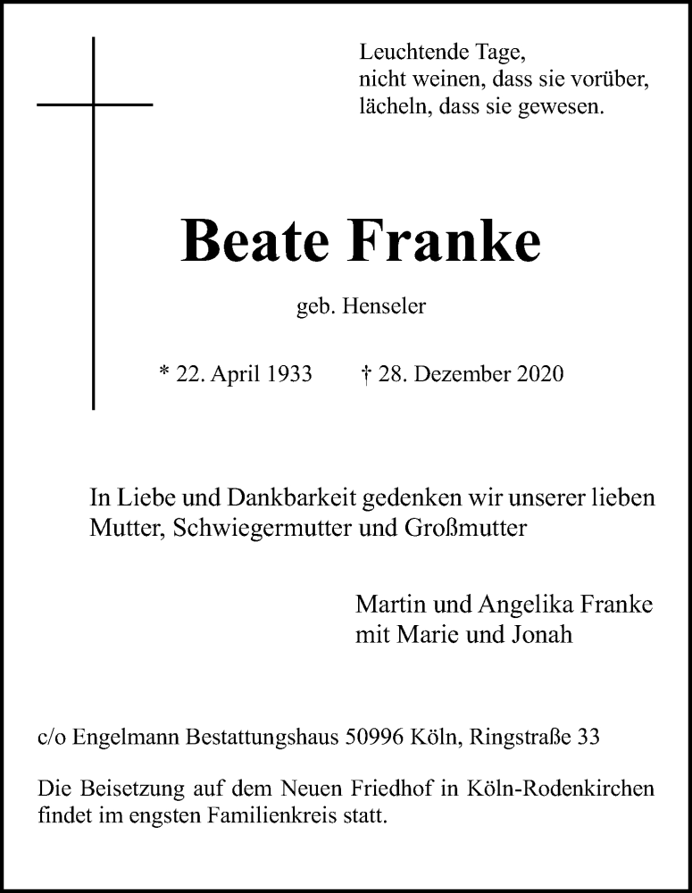  Traueranzeige für Beate Franke vom 02.01.2021 aus Kölner Stadt-Anzeiger / Kölnische Rundschau / Express