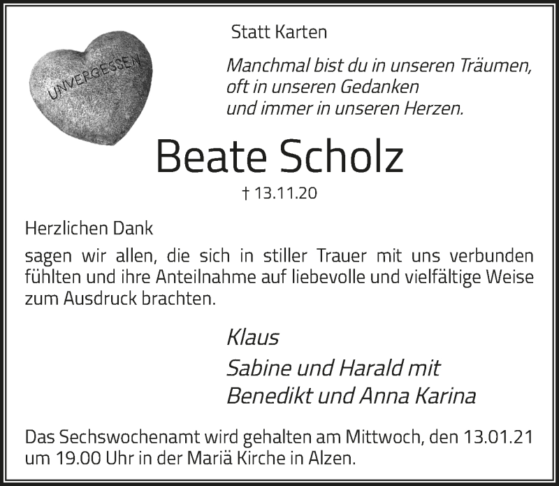  Traueranzeige für Beate Scholz vom 08.01.2021 aus  Lokalanzeiger 