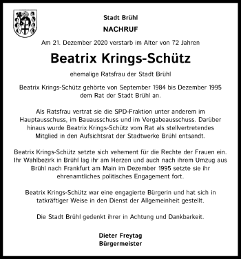 Anzeige von Beatrix Krings-Schütz von Kölner Stadt-Anzeiger / Kölnische Rundschau / Express