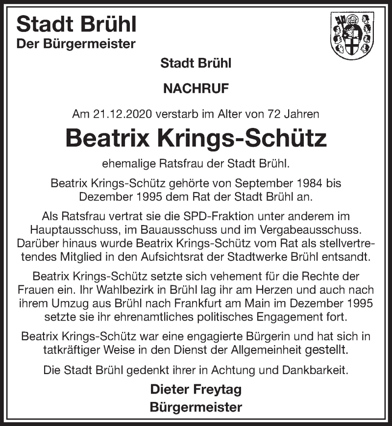  Traueranzeige für Beatrix Krings-Schütz vom 15.01.2021 aus  Schlossbote/Werbekurier 
