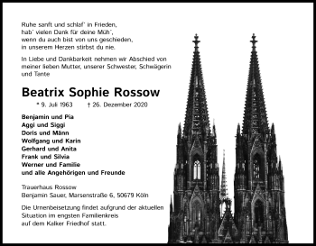 Anzeige von Beatrix Sophie Rossow von Kölner Stadt-Anzeiger / Kölnische Rundschau / Express