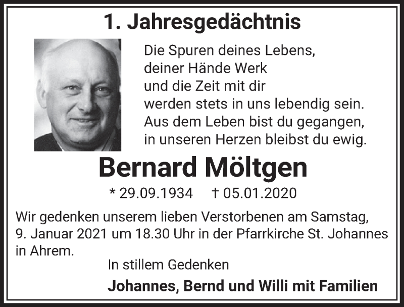  Traueranzeige für Bernard Möltgen vom 08.01.2021 aus  Werbepost 